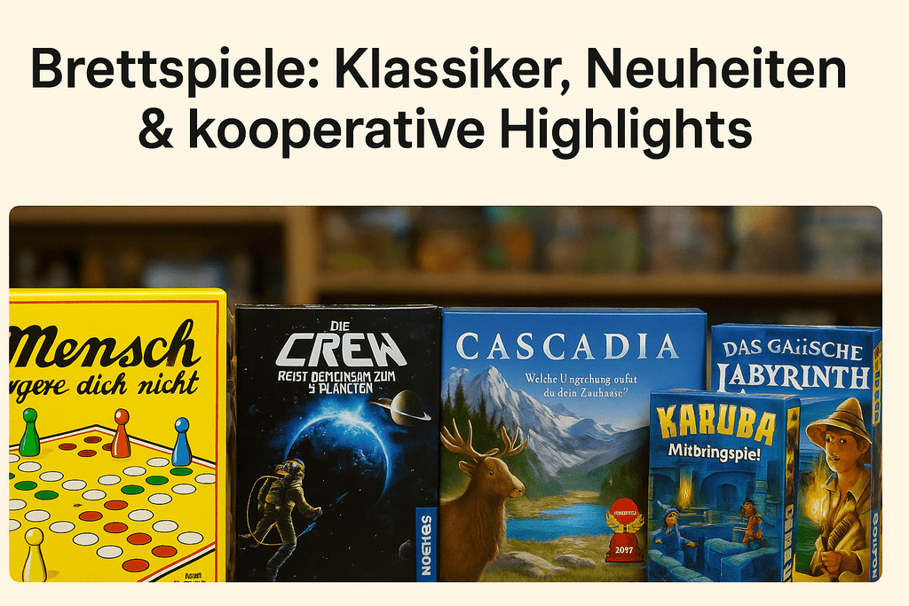 Brettspiele im Regal: Mensch ärgere dich nicht, Die Crew, Cascadia und Das magische Labyrinth sowie Karuba Mitbringspiel, präsentiert für die Kategorie Brettspiel