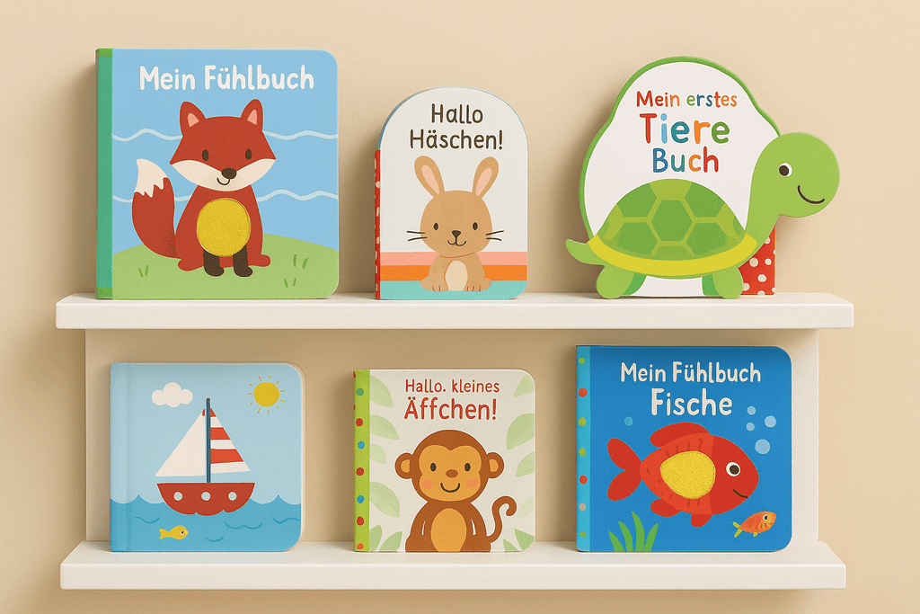 Bücher 0–2 Jahre – bunte Pappbücher und Fühlbücher mit Tiermotiven für Babys auf weißen Regalen vor beigefarbenem Hintergrund