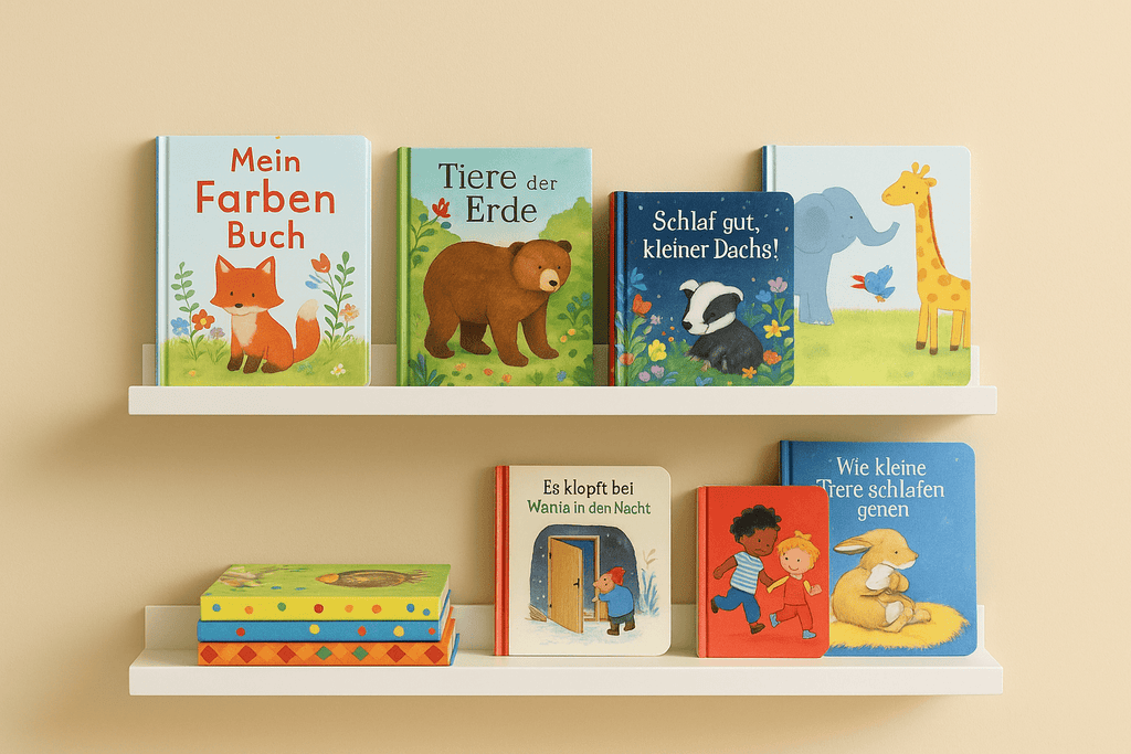 Bücher 3–5 Jahre – bunte Bilderbücher und Vorlesebücher mit Tier- und Alltagsthemen auf weißen Regalen vor beigefarbenem Hintergrund