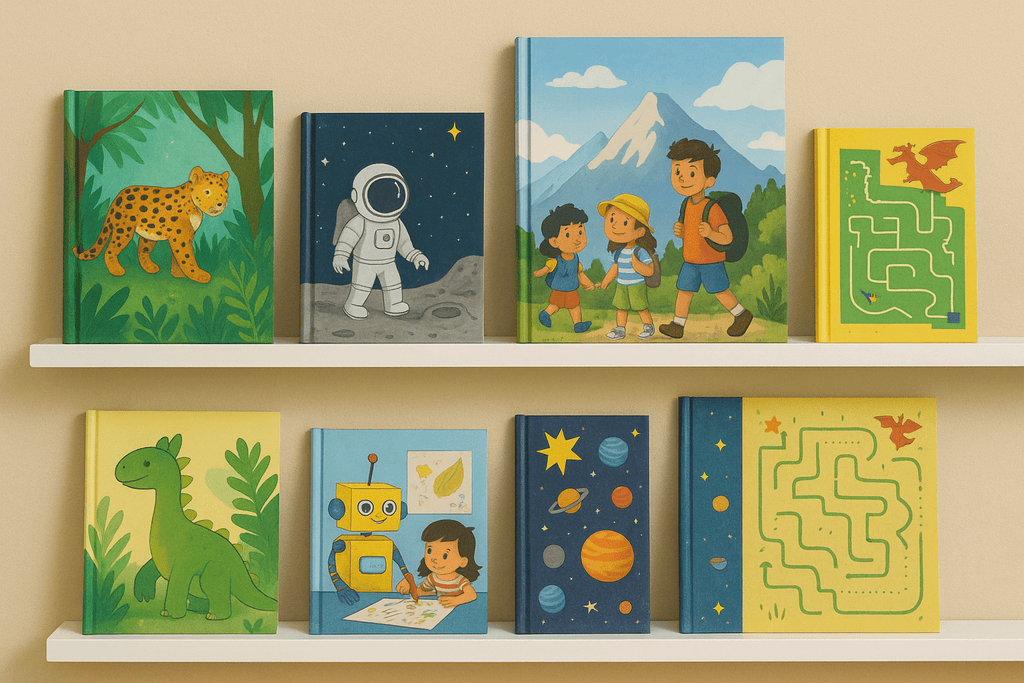Bücher 6–8 Jahre – bunte Kinderbücher mit Abenteuern, Tieren, Robotern und Weltraummotiven auf weißen Regalen vor beigefarbenem Hintergrund