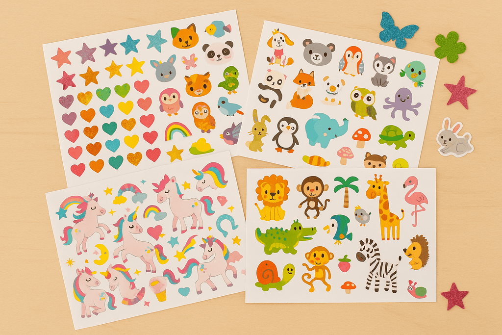 Bunte Sticker für Kinder mit Glitzer Tieren Herzen und Einhörnern