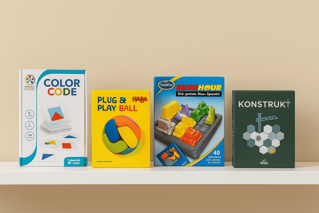 Denkspiele auf Regal: Color Code, HABA Plug & Play Ball, Rush Hour und Konstrukt Logikspiel vor beigefarbenem Hintergrund
