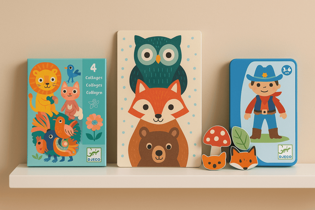 Djeco Spielzeug – Bastelset mit Tieren, Puzzle mit Fuchs, Eule und Bär sowie Magnetspiel Cowboy auf weißem Regal vor beigefarbenem Hintergrund
