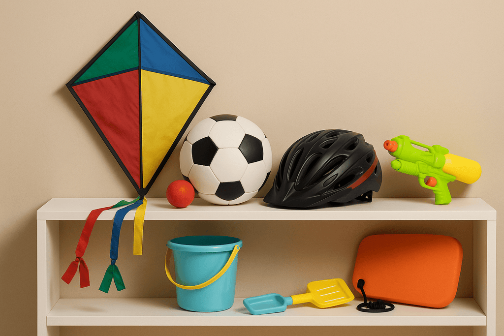 Freizeit, Sport & Outdoor Spielzeug – weißes Regal vor beigefarbenem Hintergrund mit Winddrachen, Fußball, Fahrradhelm, Wasserpistole, Sand-Eimer, Schaufel, Rechen und Bodyboard