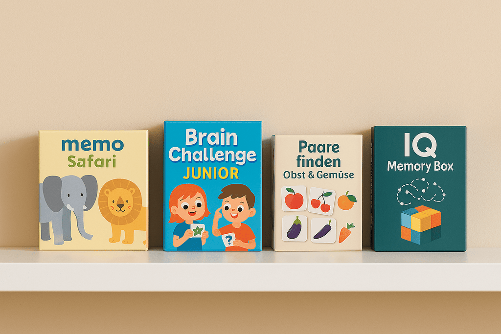 Gedächtnisspiele im Regal: memo Safari, Brain Challenge Junior, Paare finden Obst & Gemüse und IQ Memory Box vor beigefarbenem Hintergrund