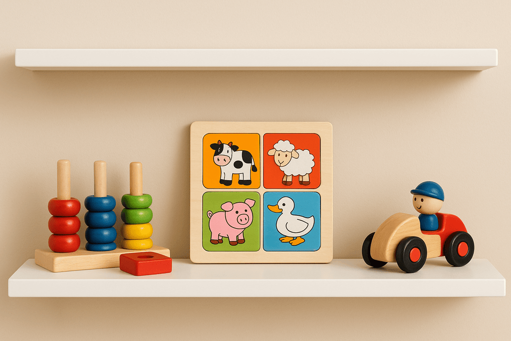 Goki Holzspielzeug – Stapelspiel mit bunten Ringen, Tierpuzzle und rotes Holzauto auf weißem Regal vor beigefarbenem Hintergrund