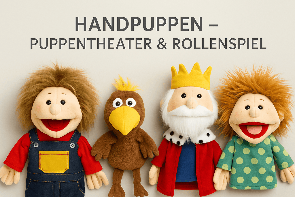 Handpuppen – vier bunte Handspielfiguren, darunter Junge, Vogel, König und Figur mit grüner Kleidung, auf hellem Hintergrund