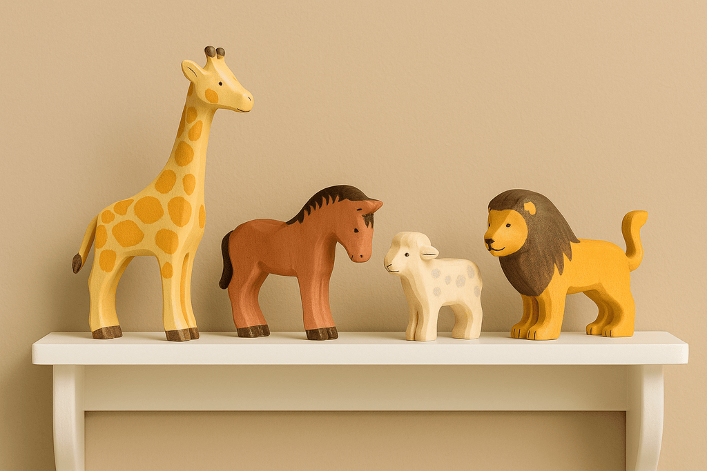 Holztiger Holzfiguren – Giraffe, Pferd, Lamm und Löwe auf weißem Regal vor beigefarbenem Hintergrund