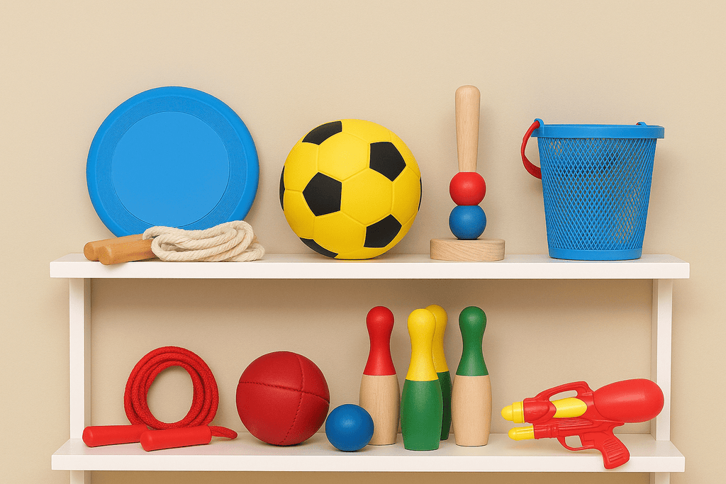 In- & Outdoorspielzeug für Kinder – weißes Regal vor beigefarbenem Hintergrund mit Frisbee, Springseil, Ball, Kegelset, Eimer und Wasserpistole