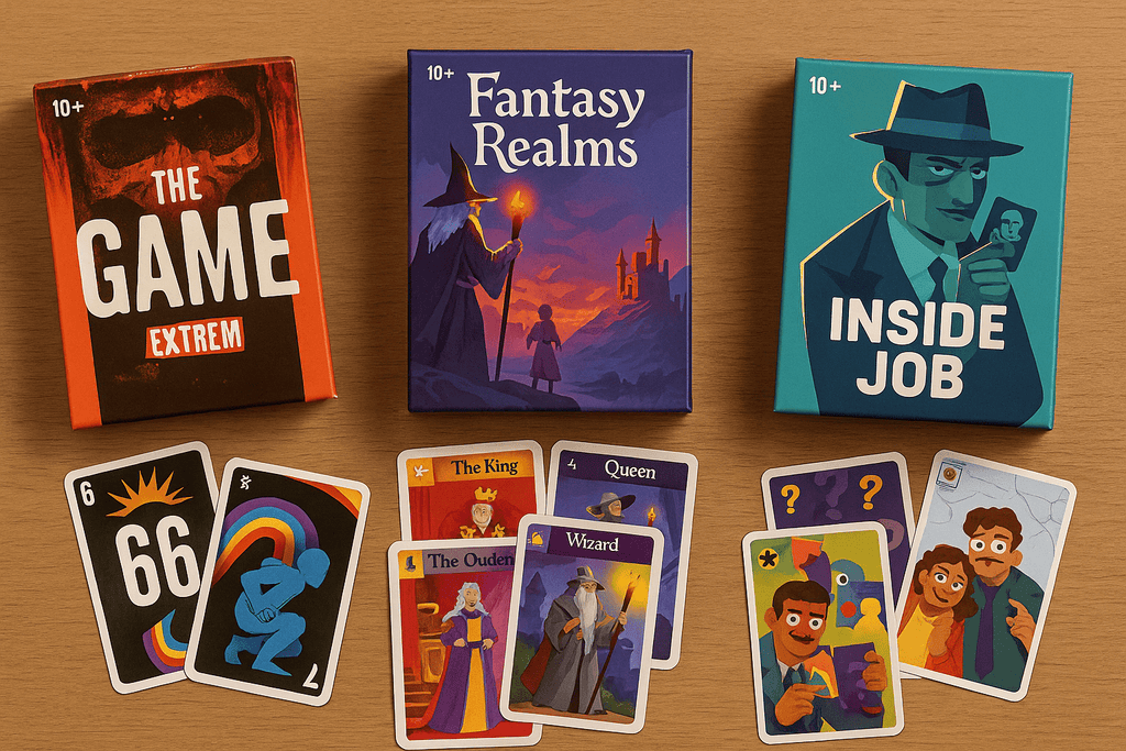 Kartenspiele ab 10 Jahren im Querformat auf Holztisch – drei Spiele mit strategischen und fantasievollen Motiven, Boxen und aufgelegte Karten