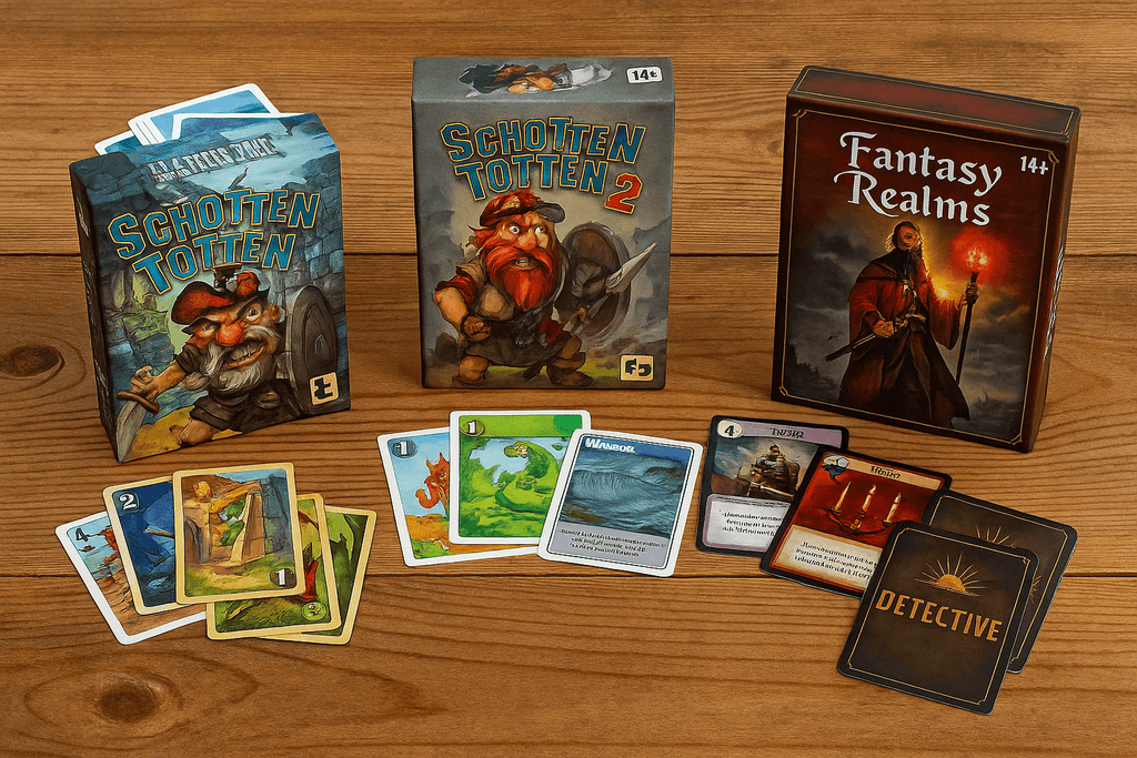 Kartenspiele ab 14 Jahren im Querformat auf Holztisch – strategische Spiele mit Fantasy- und Detektivmotiven, geöffnete Karten und Boxen nebeneinander