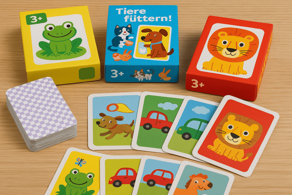 Kartenspiele ab 3 Jahren im Querformat auf Holztisch – bunte Spielkarten mit Tieren, Autos und Figuren, drei Kartenspiele mit kindgerechten Motiven