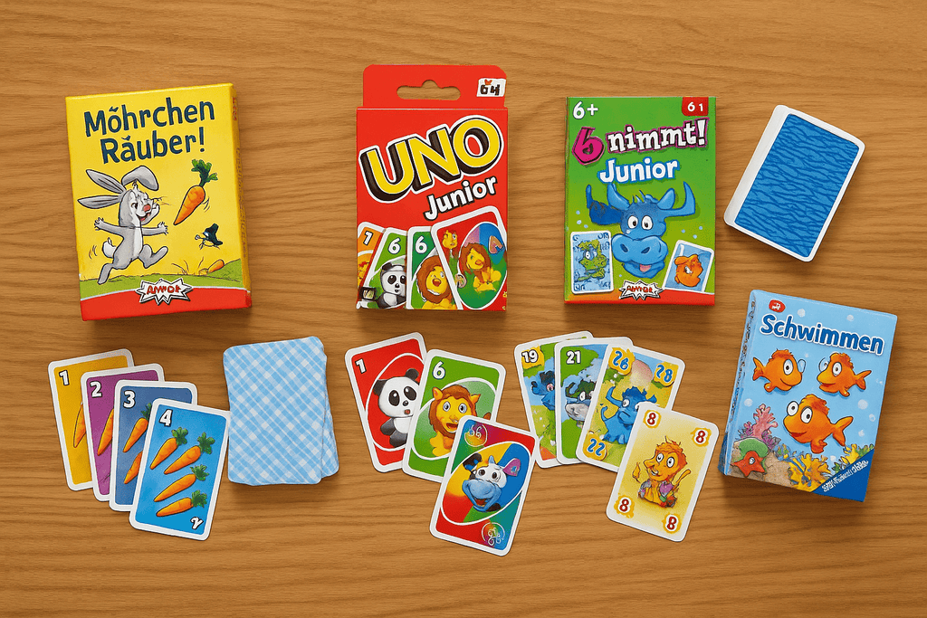 Kartenspiele für Kinder ab 6 Jahren auf Holztisch – bunte Spielkarten mit kindgerechten Motiven wie Tiere, Zahlen und Figuren, Kartenstapel & geöffnete Sets