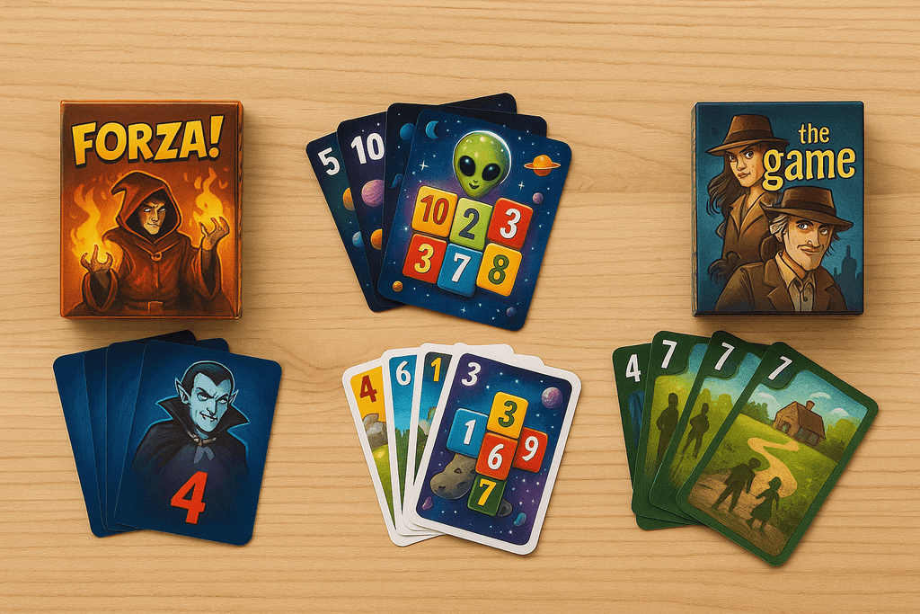 Kartenspiele ab 8 Jahren im Querformat auf Holztisch – drei Kartenspiele mit Fantasie-, Weltraum- und Detektivmotiven, aufgefächerte Karten und Boxen