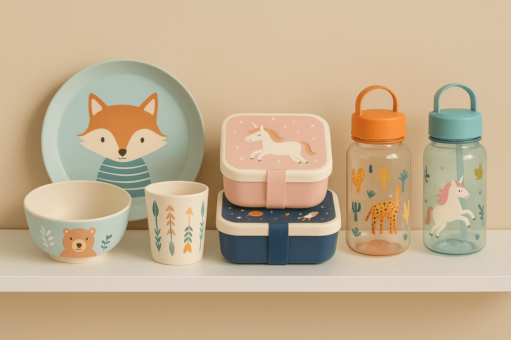 Kindergeschirr-Set mit Fuchs-Teller, Bär-Schüssel, Becher, zwei Lunchboxen mit Einhorn- und Weltraummotiv sowie Trinkflaschen