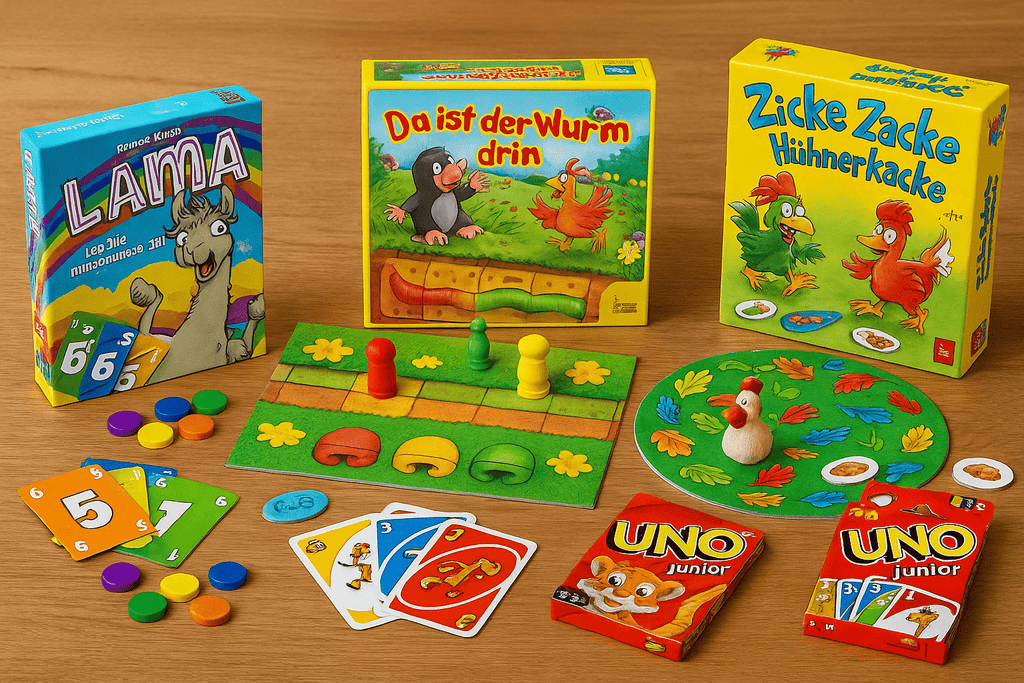 Kinderspiele im Querformat auf Holztisch – Spieleboxen LAMA, Da ist der Wurm drin, Zicke Zacke Hühnerkacke und UNO Junior mit Spielfiguren und Karten