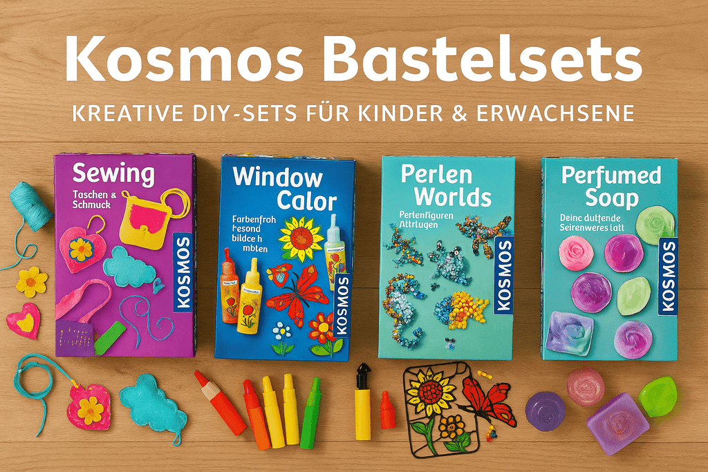 Kosmos Bastelsets im Querformat auf Holztisch – kreative DIY-Sets wie Nähen, Window Color, Perlenfiguren und Seifengießen, mit Bastelmaterialien
