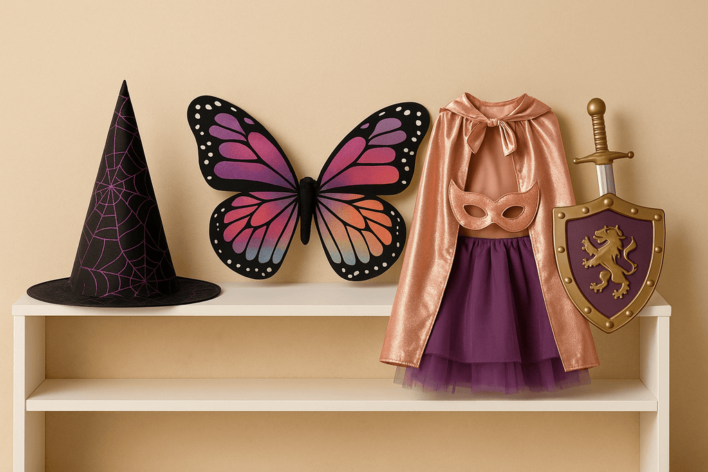 Kinderkostüme auf Regal – Hexenhut, Schmetterlingsflügel, Cape mit Tutu, Maske sowie Ritter-Schild mit Schwert