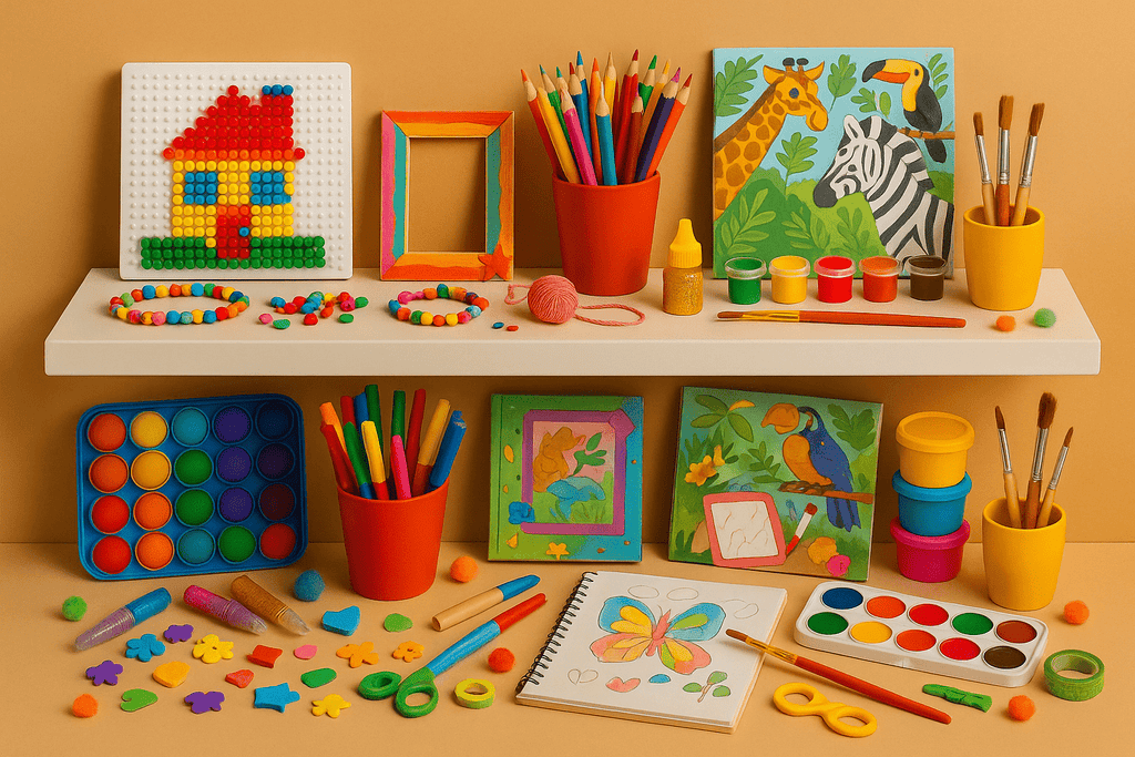 Kreativsets – Bunte Bastel- und Malsets, Mosaik-Stecktafel, Perlenarmbänder, Bilderrahmen, Buntstifte, Pinsel, Wasserfarben, Knete, Glitzerkleber, Filzformen und Malbuch auf weißen Regalen vor beigefarbenem Hintergrund