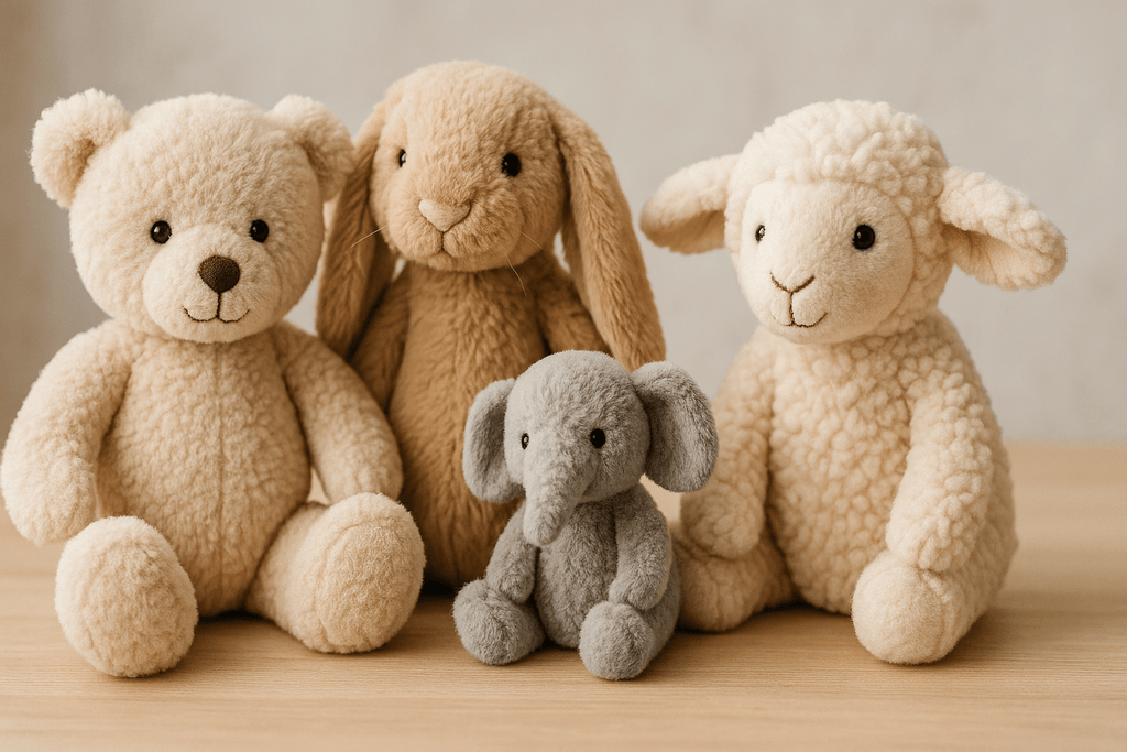 Plüschtiere Teddy, Hase, Elefant und Lamm – kuschelige Stofftiere für Kinder, weich, hochwertig und ideal zum Schmusen