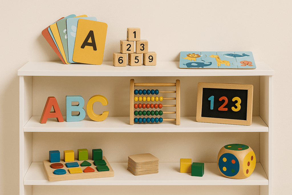 Lernspiele für Kinder – weißes Regal mit bunten Lernkarten, Zahlenwürfeln, Abakus, Buchstabensteinen, Puzzle, Magnettafel, Logikspiel und Würfeln vor beigefarbenem Hintergrund
