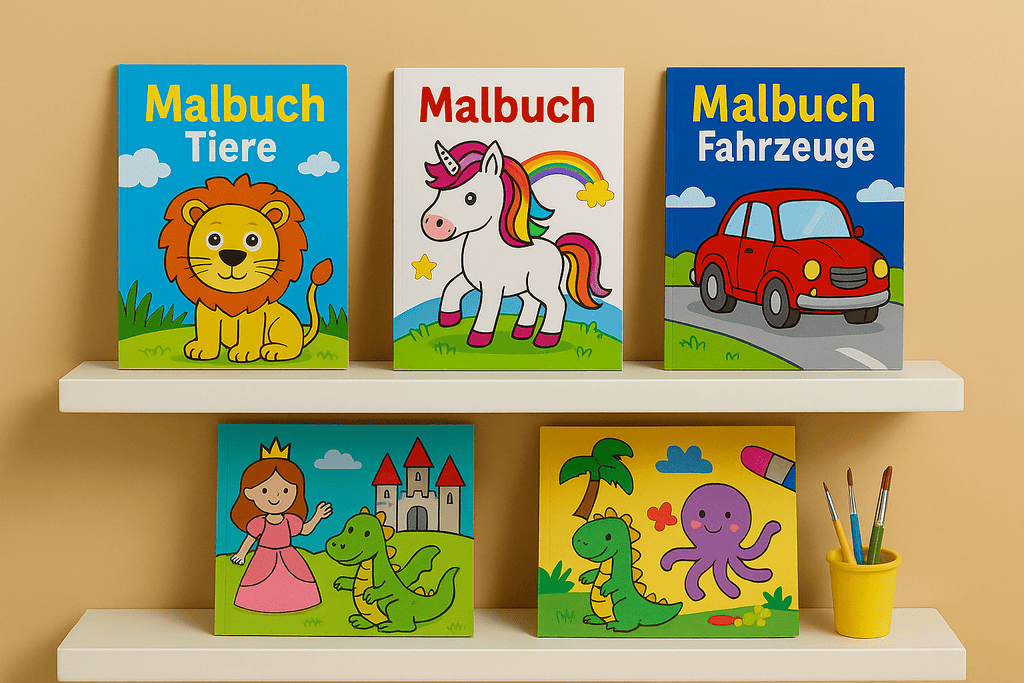 Malbücher – Fünf bunte Kinder-Malbücher mit Tier-, Fahrzeug-, Einhorn-, Prinzessin- und Dinosauriermotiven sowie Pinselbecher auf weißen Regalen vor beigefarbenem Hintergrund