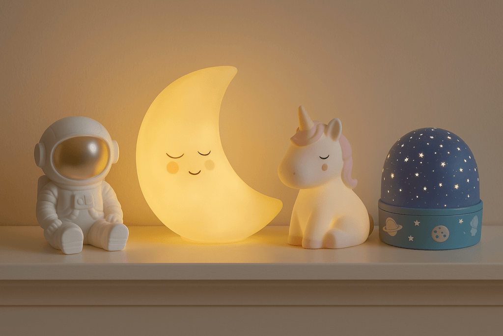 Vier Kinder-Nachtlichter auf Regal – Astronaut, leuchtender Mond, Einhorn und blauer Sternenhimmel-Projektor