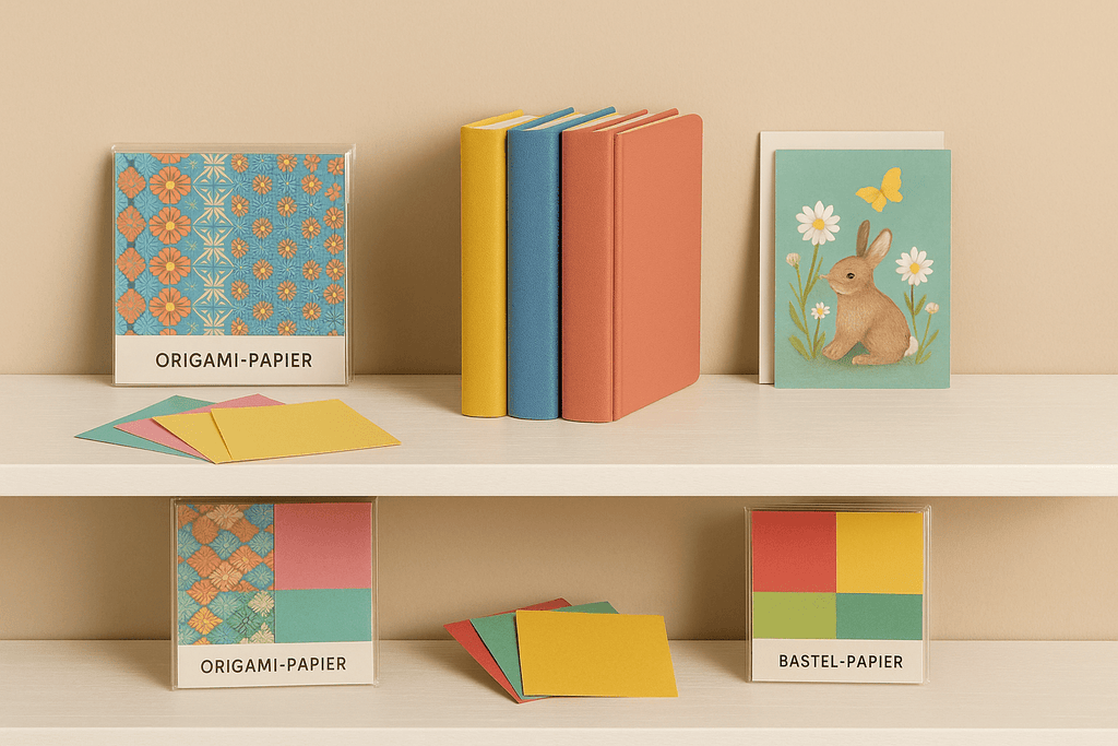 Papeterie – Origami-Papiere, Notizbücher und Postkarte auf weißen Regalen vor beigefarbenem Hintergrund
