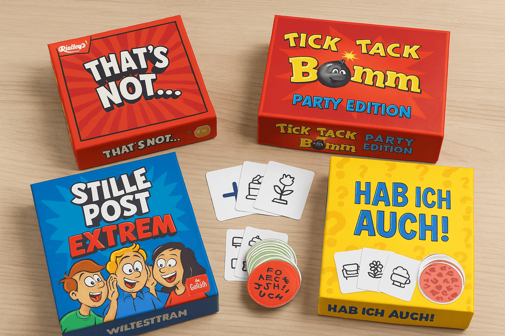Lustige Partys- und Gesellschaftsspiele auf Holztisch – Spiele für Gruppen, Feiern und Geburtstage mit bunten Verpackungen und Spielkarten