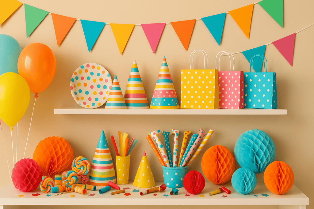 Partyzubehör – Bunte Ballons, Girlanden, Partyhüte, Geschenktüten und Dekoration in fröhlichen Farben auf weißen Regalen vor beigefarbenem Hintergrund