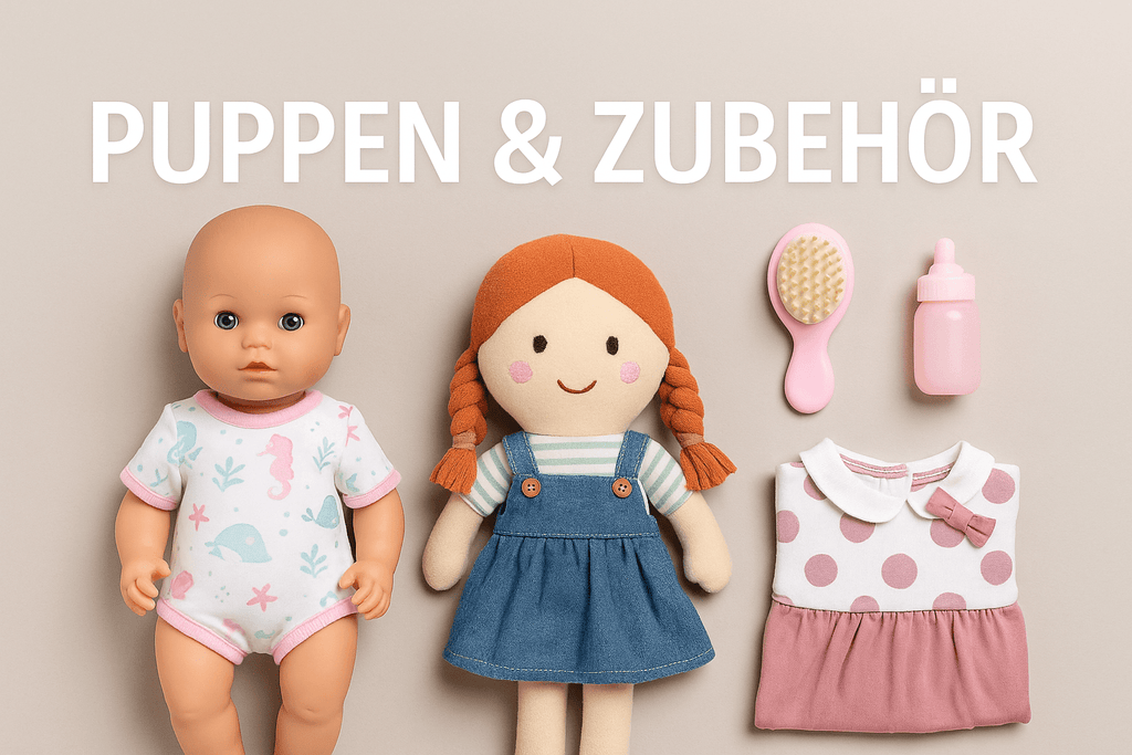 Puppen & Zubehör – Babypuppe, Stoffpuppe, Puppenkleidung, Haarbürste und Babyflasche auf hellem Hintergrund