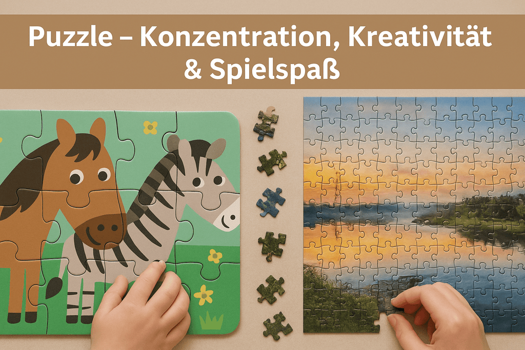 Puzzle – Kinderhand legt Teile in ein buntes Tierpuzzle und ein Landschaftspuzzle auf beigem Hintergrund