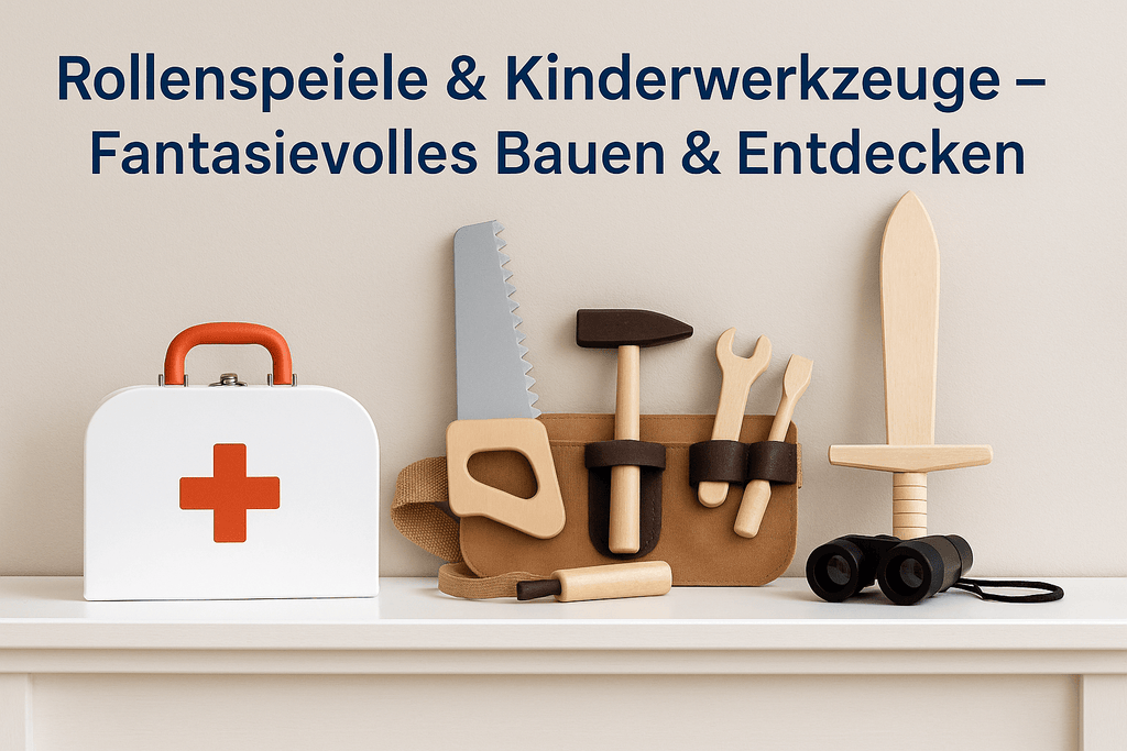 Kinder Rollenspiel-Spielzeug auf Regal – Arztkoffer, Werkzeuggürtel mit Holzwerkzeug, Holzschwert und Fernglas