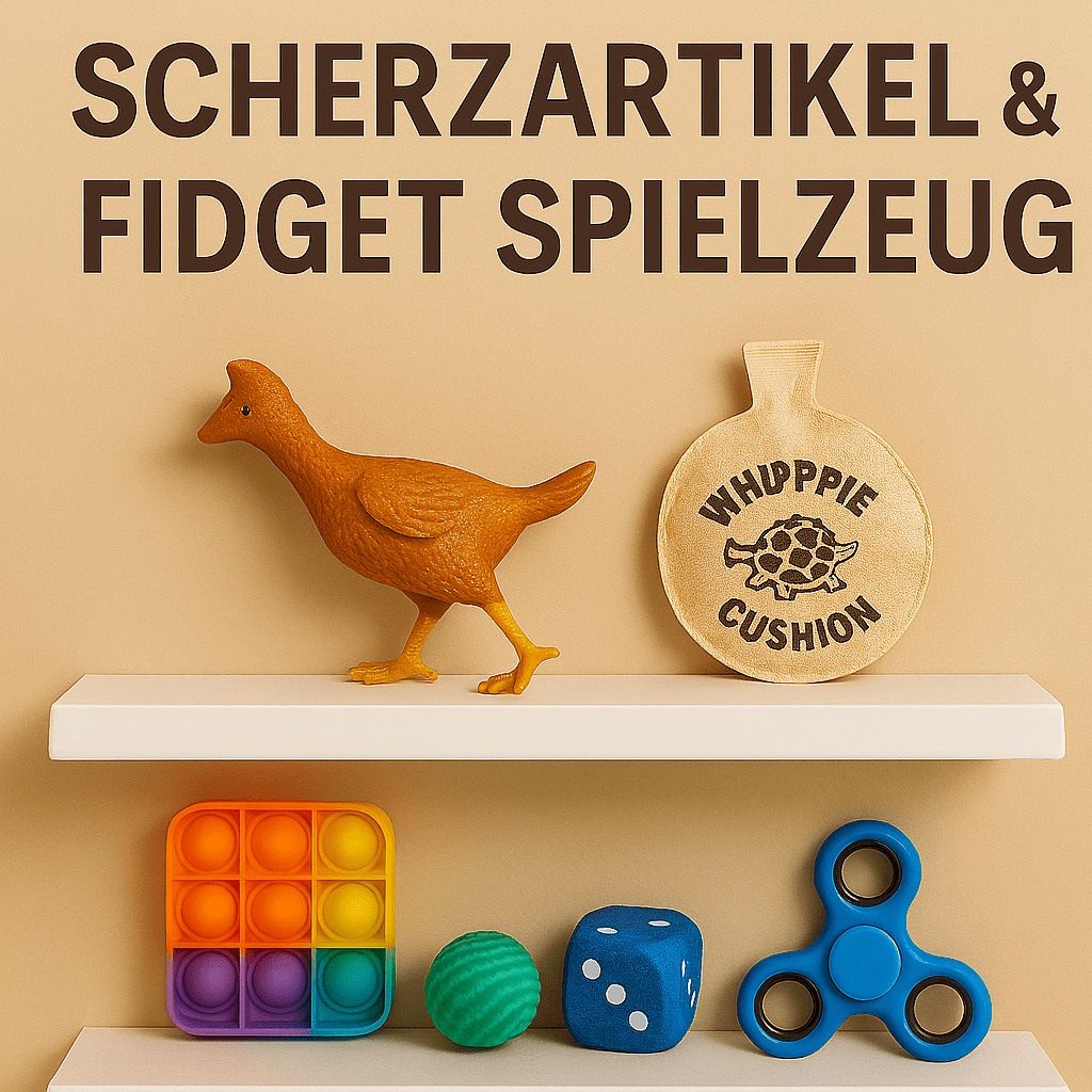 Scherzartikel & Fidget Spielzeug – Gummihuhn, Pupskissen, Pop It, grüner Stressball, blauer Würfel und blauer Fidget Spinner auf weißen Regalen vor beigefarbenem Hintergrund