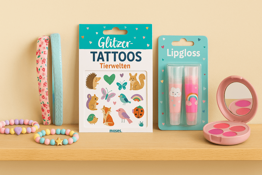 Kinder-Accessoires auf Regal – bunte Armbänder, Haarreifen, Glitzer-Tattoos Tierwelten, Lipgloss-Set und rosa Schminkdose