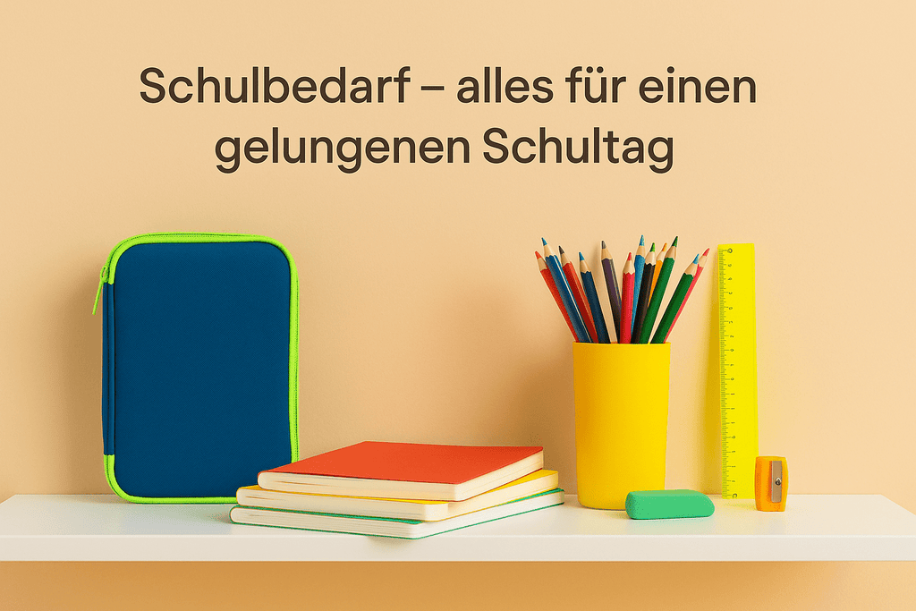 Schulbedarf – weißes Regal vor beigefarbenem Hintergrund mit blauem Mäppchen, bunten Heften, gelbem Becher voller Buntstifte, grünem Radiergummi, gelbem Lineal und Spitzer