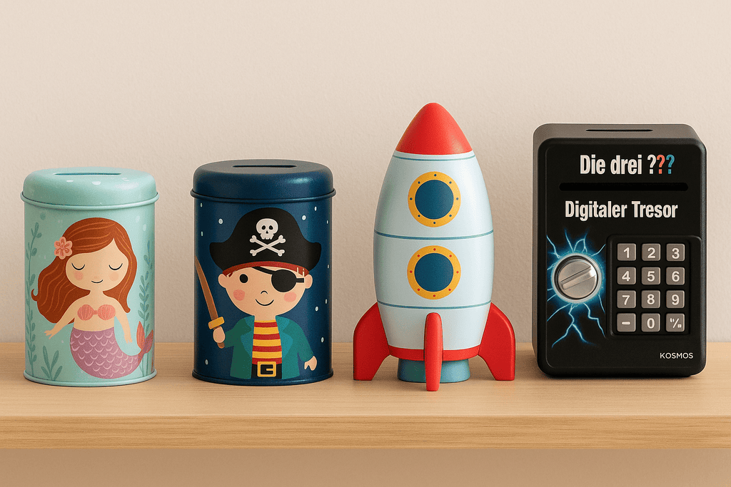 Vier Kinder-Spardosen auf Regal – Meerjungfrau, Pirat, Rakete und digitaler Tresor mit Zahlencode
