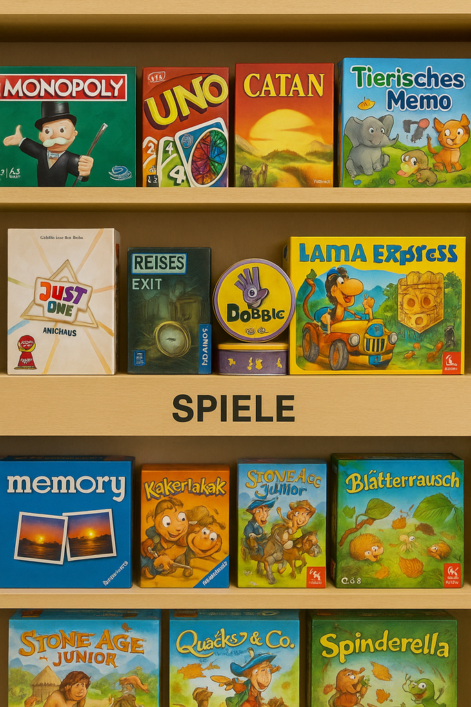Brettspiele, Kartenspiele und Kinderspiele in einem Regal – bunte Spieleschachteln wie Monopoly, Uno, Catan, Dobble, Lama Express und weitere Klassiker