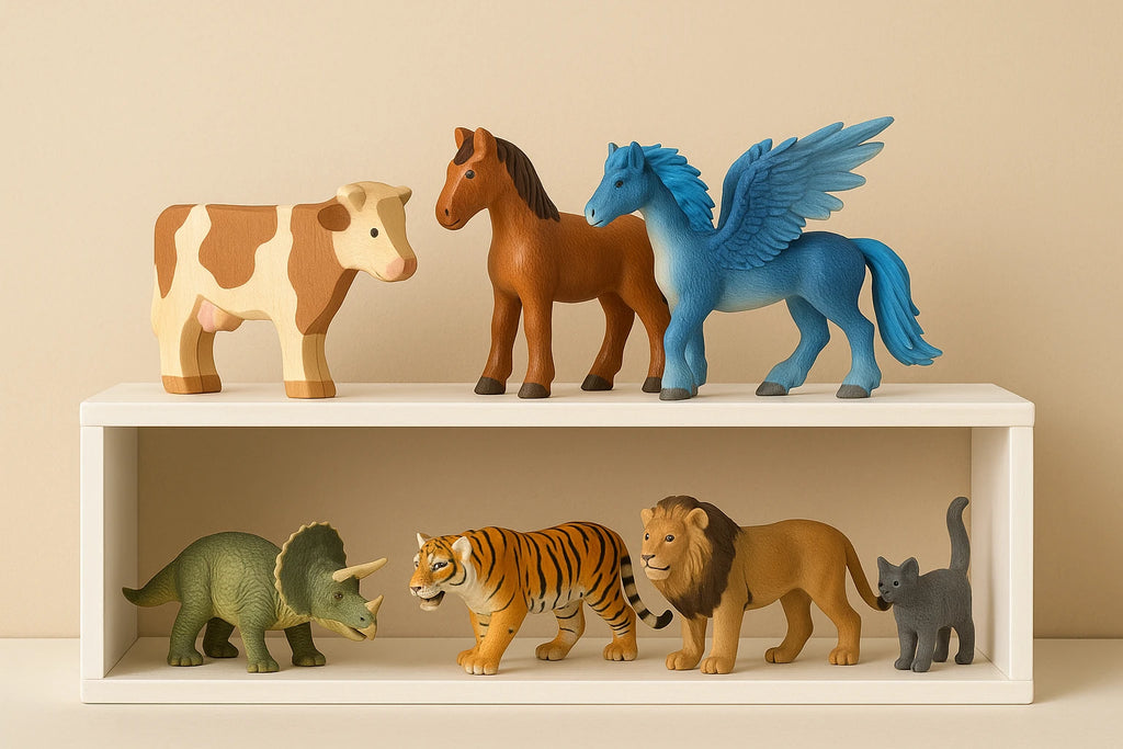 Schleich und Holzfiguren im Regal – Kuh, Pferd, Pegasus, Dinosaurier, Tiger, Löwe, Katze für kreatives Spielen