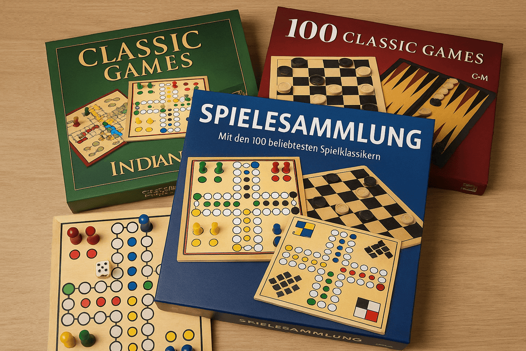 Verschiedene Spielesammlungen mit Klassikern wie Mensch ärgere dich nicht, Dame und Mühle – große Brettspiel-Sets auf Holztisch