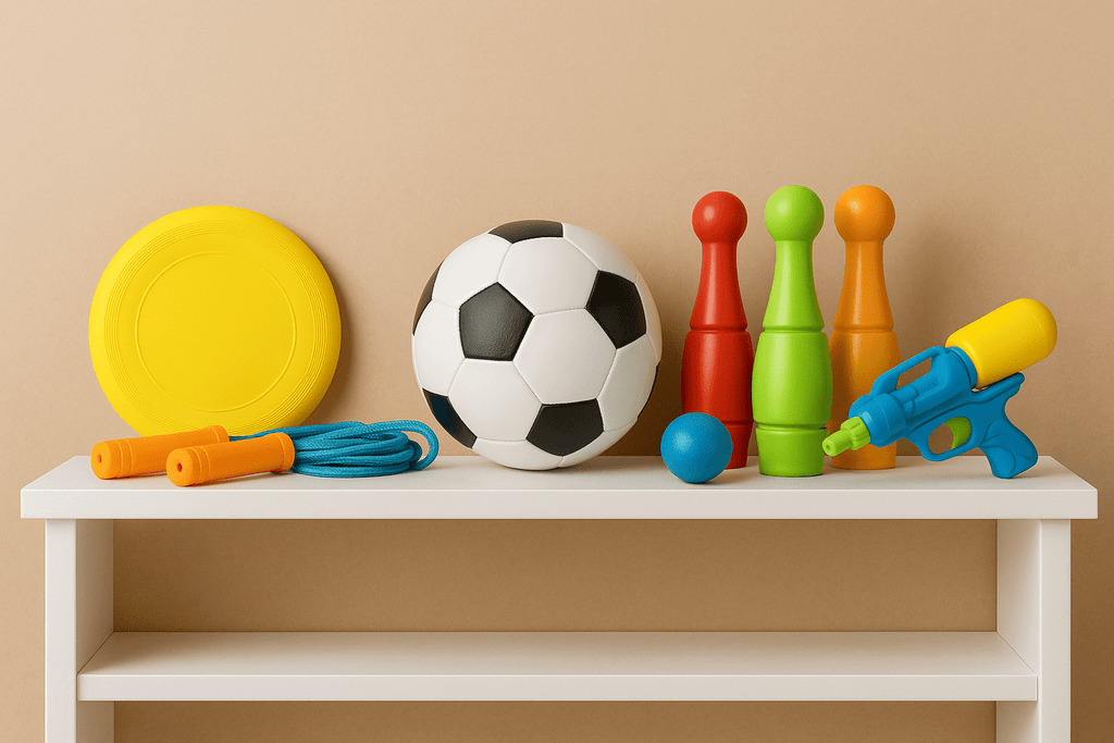 Spielzeug für draußen – weißes Regal vor beigefarbenem Hintergrund mit gelbem Frisbee, blauem Springseil, Fußball, buntem Kegelset, Ball und blauer Wasserpistole