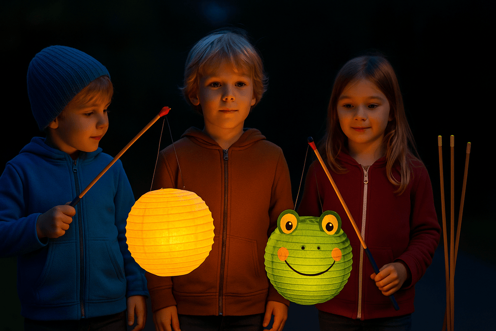 Kinder beim St. Martinsumzug mit bunten Laternen und Laternenstäben im Dunkeln – leuchtende Kinderlaternen in Frosch- und Kugelform