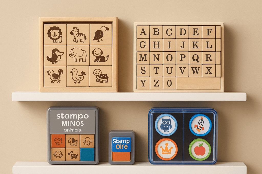 Stempel – Holzstempel mit Tiermotiven und Buchstaben, bunte Selbstfärbestempel und Stempelkissen auf weißen Regalen vor beigefarbenem Hintergrund