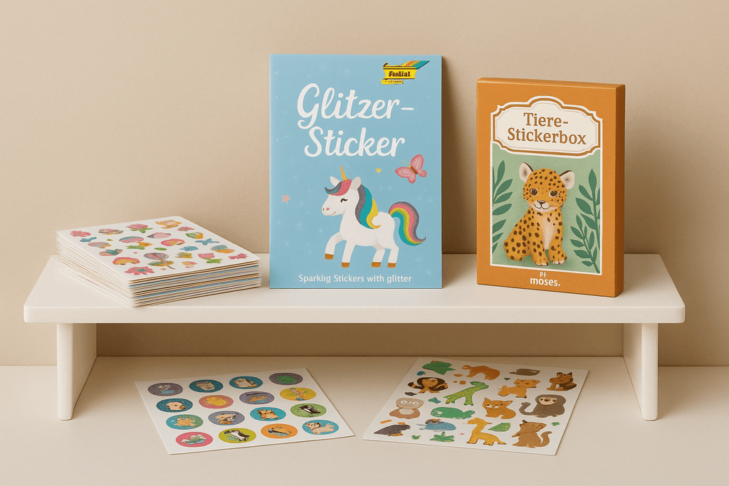 Sticker & Stickersets – Glitzer-Stickerbuch mit Einhorn, Tier-Stickerbox und bunte Stickerbögen auf weißem Regal vor beigefarbenem Hintergrund
