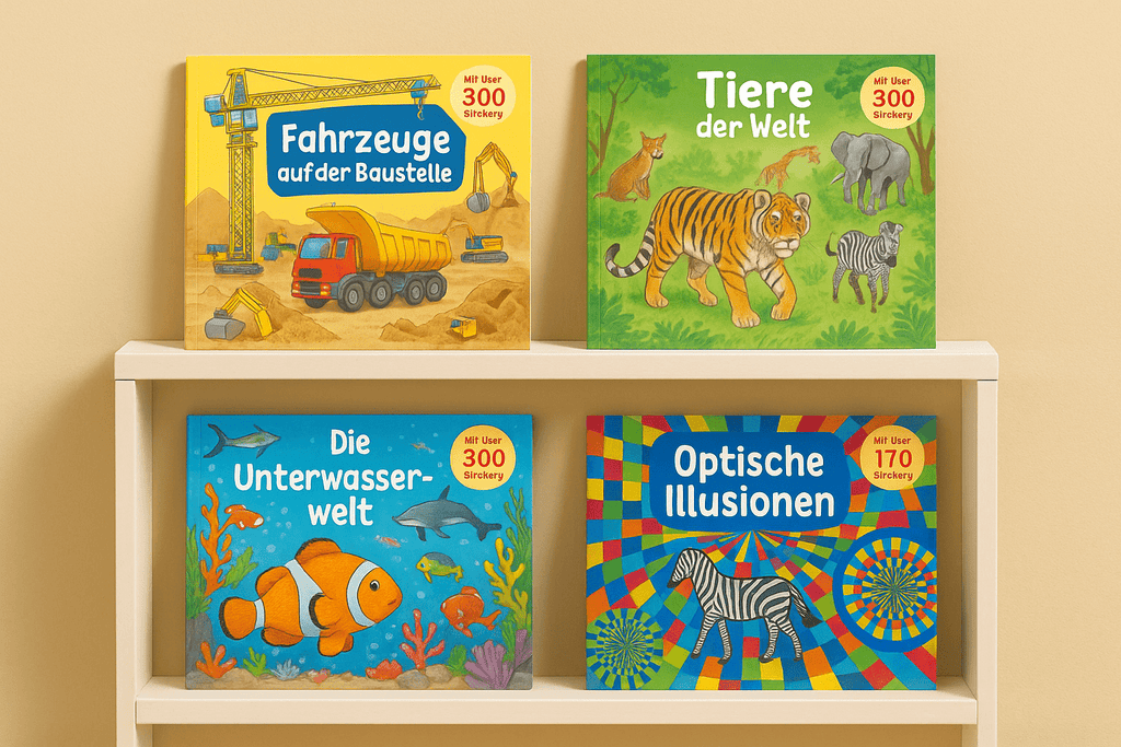 Vier bunte Stickerhefte für Kinder im Querformat – Themen Fahrzeuge, Tiere, Unterwasserwelt und optische Illusionen