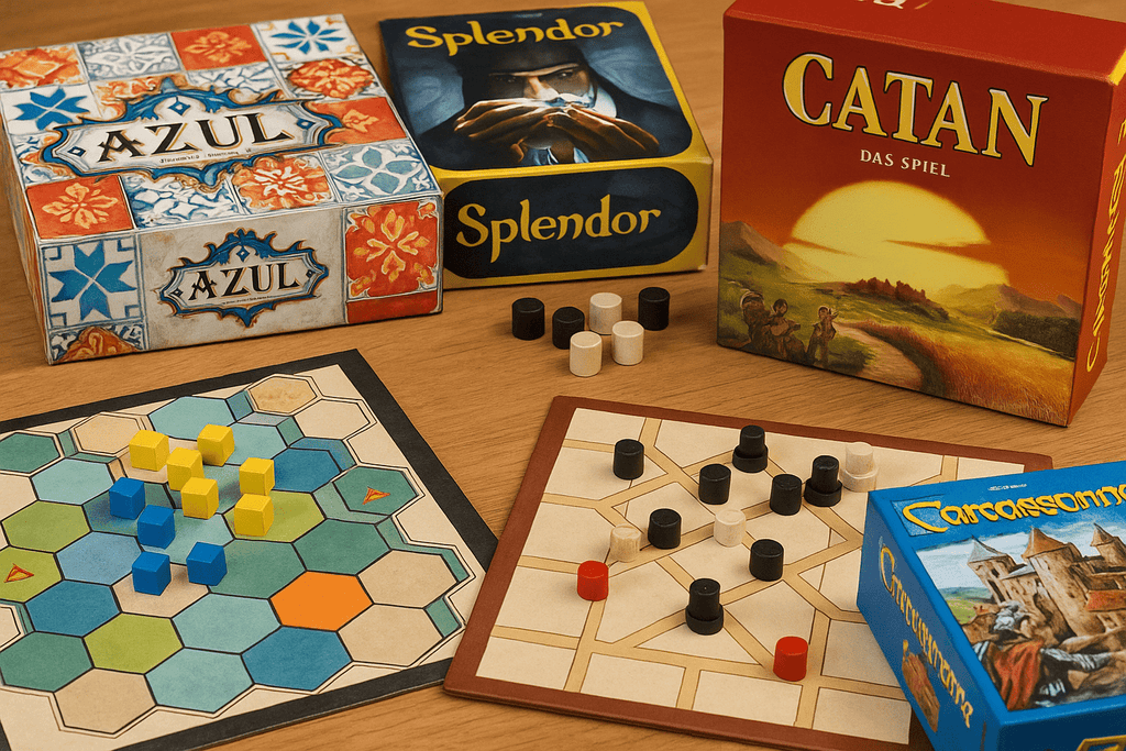 Strategische Brettspiele auf Holztisch – Spielflächen mit Spielsteinen und Boxen klassischer Strategiespiele für Familien und Vielspieler