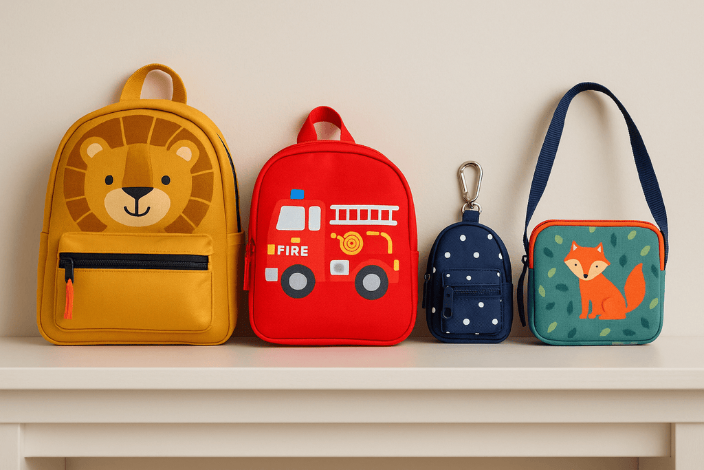 Vier Kindertaschen auf Regal – Löwen-Rucksack, roter Feuerwehrauto-Rucksack, blauer Mini-Rucksackanhänger und Fuchs-Umhängetasche