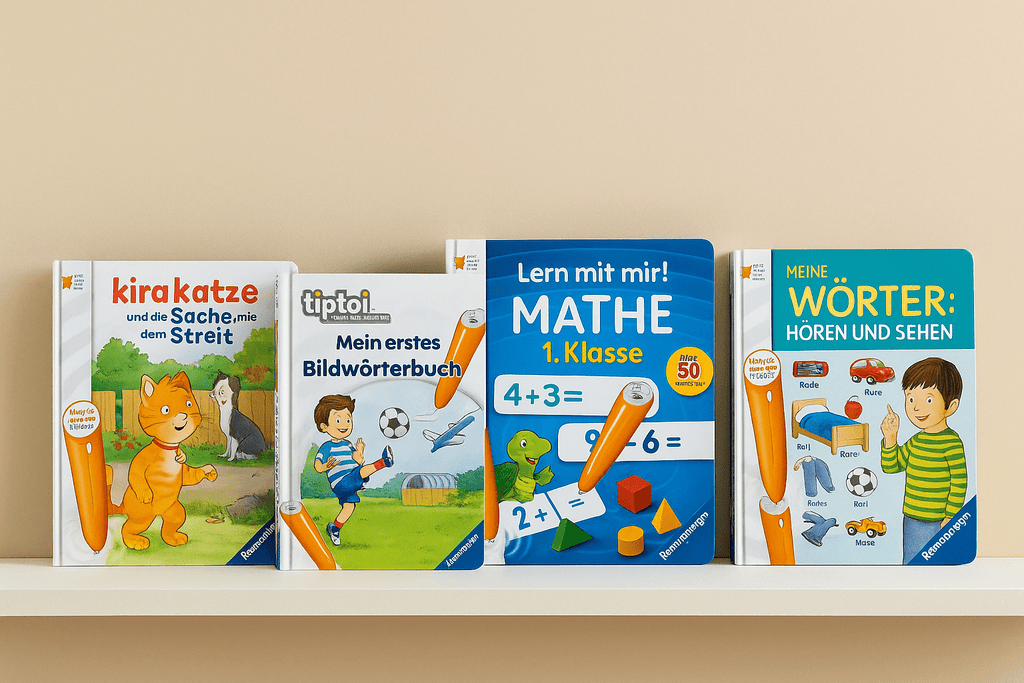 Vier Tiptoi® Lernspiele und Bücher für Kinder im Querformat – Bildwörterbuch, Mathe 1. Klasse, Wörter und Geschichten