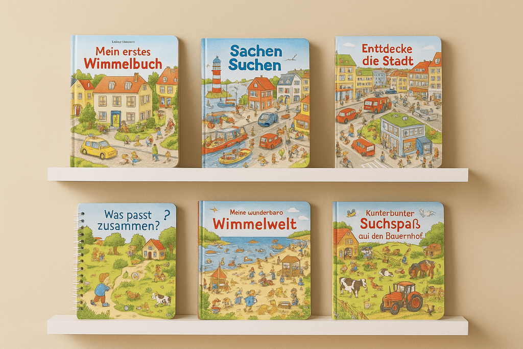 Wimmel- & Mitmachbücher – detailreiche Kinderbücher mit Suchbildern, Stadt- und Tiermotiven auf weißen Regalen vor beigefarbenem Hintergrund