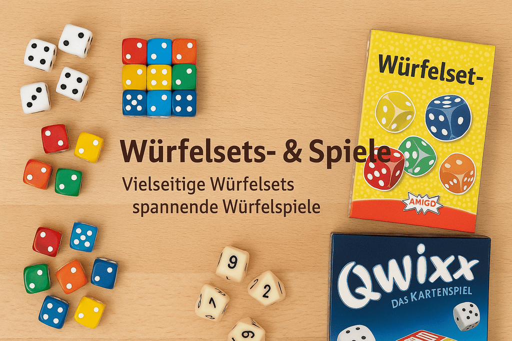 Bunte Würfelsets und Würfelspiele auf Holztisch – vielseitige Würfel in verschiedenen Farben und Formen, daneben Würfelspiel-Verpackungen